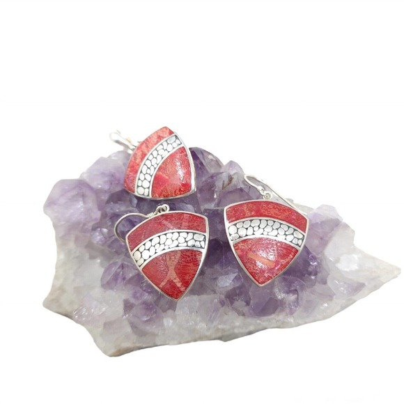 Vintage Jewelry - Sponge Coral Earrings Pendant Set Red Natural Marked 925 Sterling Silver 16g